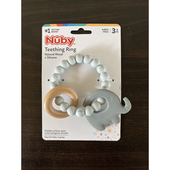3 For $6 NWT Nuby Teething Ring Natural Wood And Silicone Elephant - Picture 1 of 2